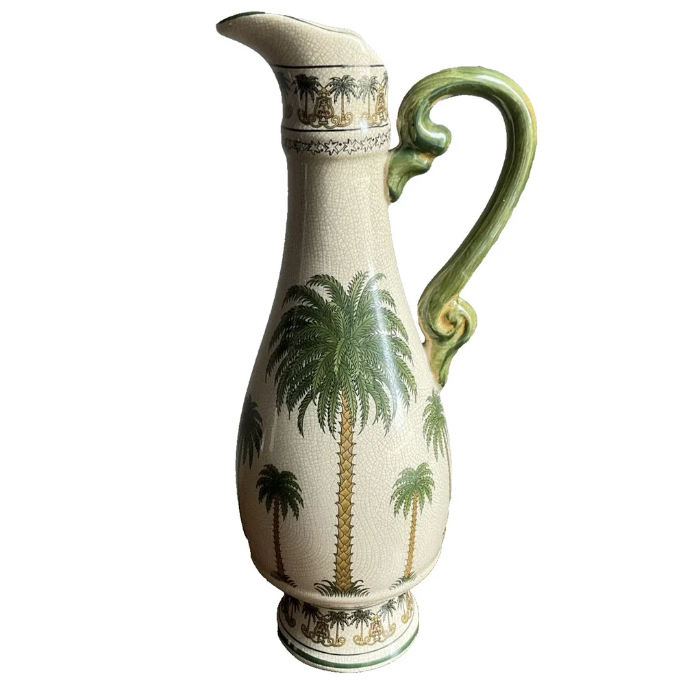 Vintage 2001 Ceramic crackle glaze Vase with Palm Trees 14- 1/2